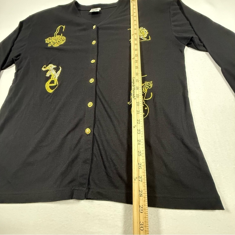 Vintage Black Cardigan silver Gold Embroidered zoo Animals gold‎ pearl buttons - Picture 9 of 12